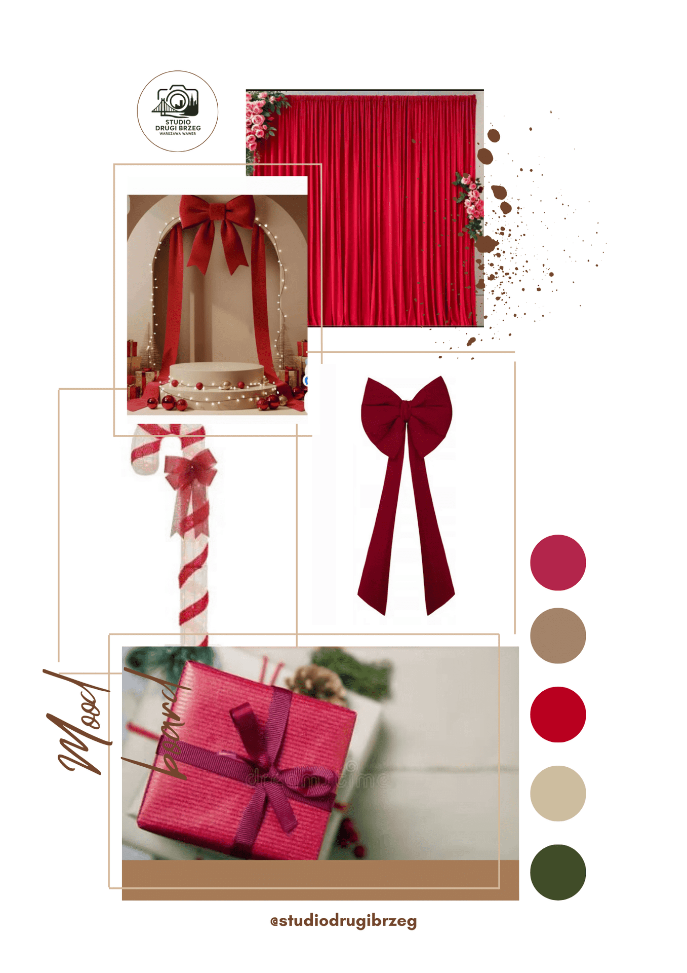 Czerwona, rustykalna scenografia świąteczna w studio Drugi Brzeg – drewno, bombki i naturalne dekoracje.