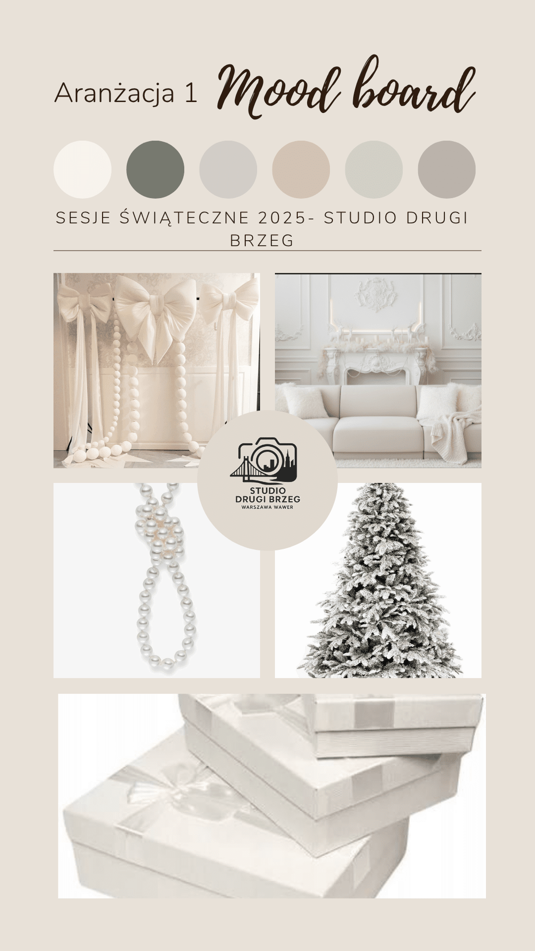 Biała aranżacja świąteczna w studio Drugi Brzeg w Warszawie – eleganckie, jasne wnętrze do sesji zdjęciowych.